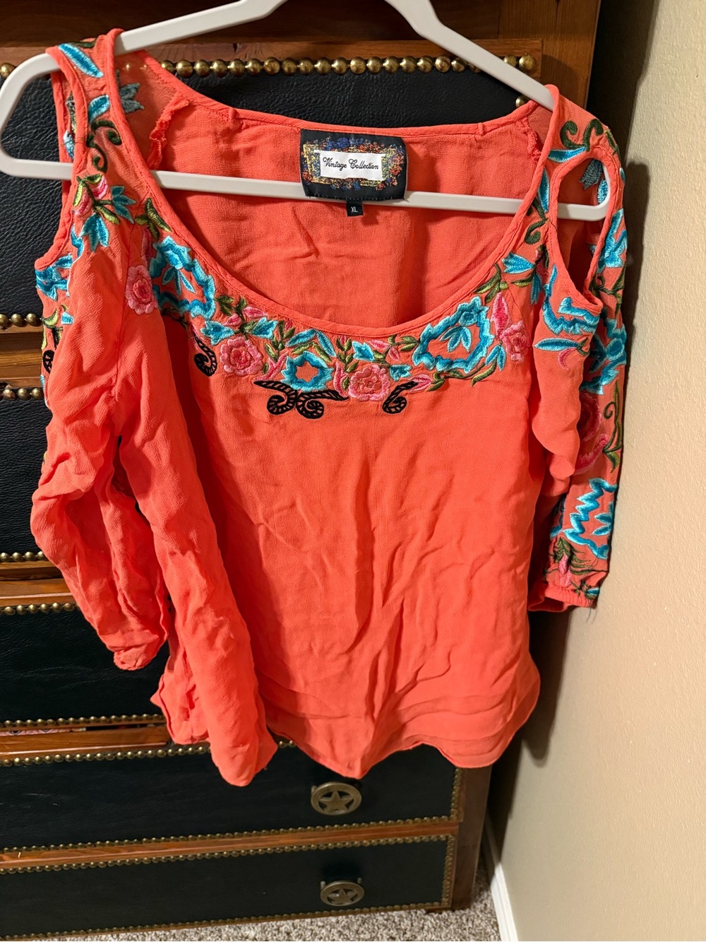 Embroidered Cold-Shoulder Blouse in Coral by Vintage Havana